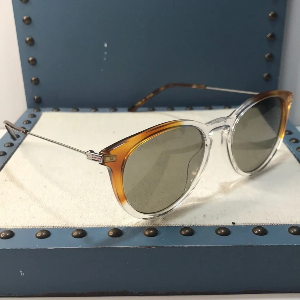 New Authentic Gucci GG1048S 004 Brown and Clear Men's Sunglasses